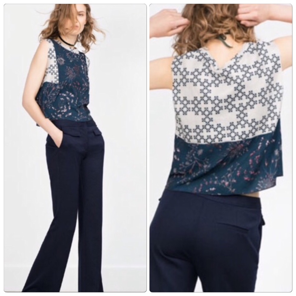 🆕 Zara floral geometric mix media shirt top